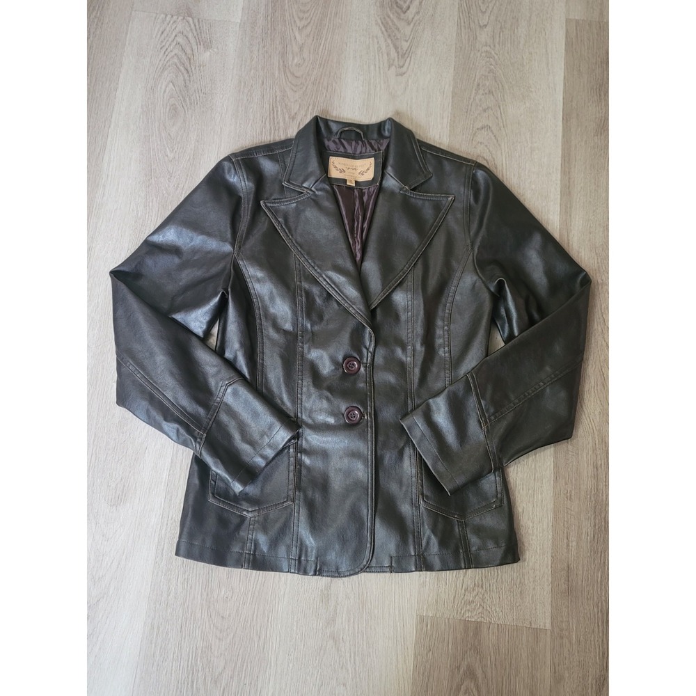 VTG Marcelle Renee Womens M Faux Leather Blazer Jacket Brown Flap Pocket Y2K 90s